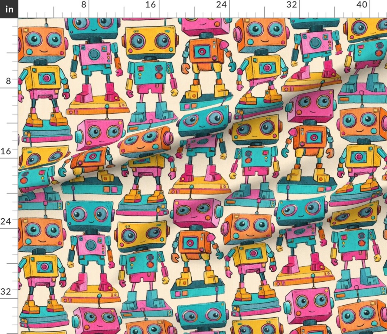 Retro Vintage Toy Robot Kids Room Playroom Playful Colorful Novelty Hand Drawn Blue Pink Yellow Large Scale Toys Happy Cheerful Games Sci Fi Custom Printed Fabric by Spoonflower Various Fabrics by the Yard or Fat Quarter